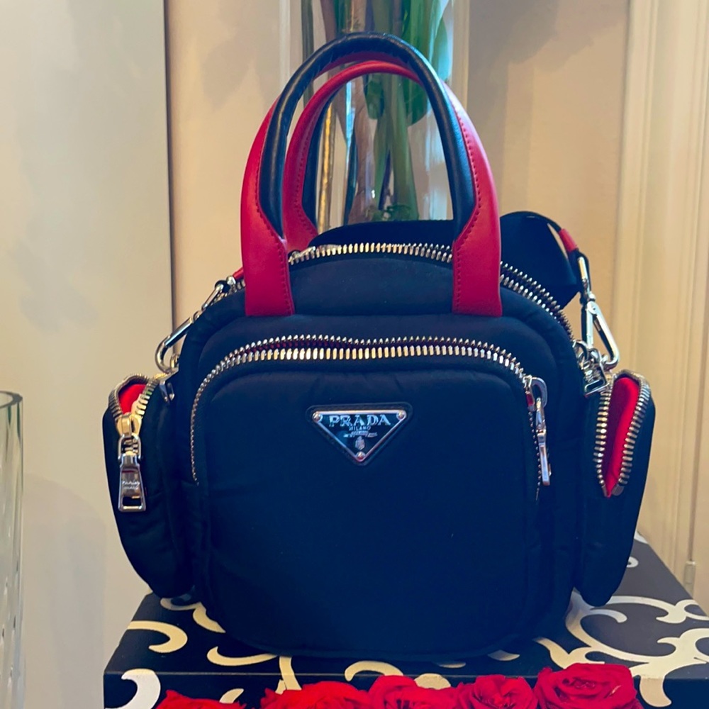 Auth Prada Bauletto Tessuto Pocket Nylon Handbag